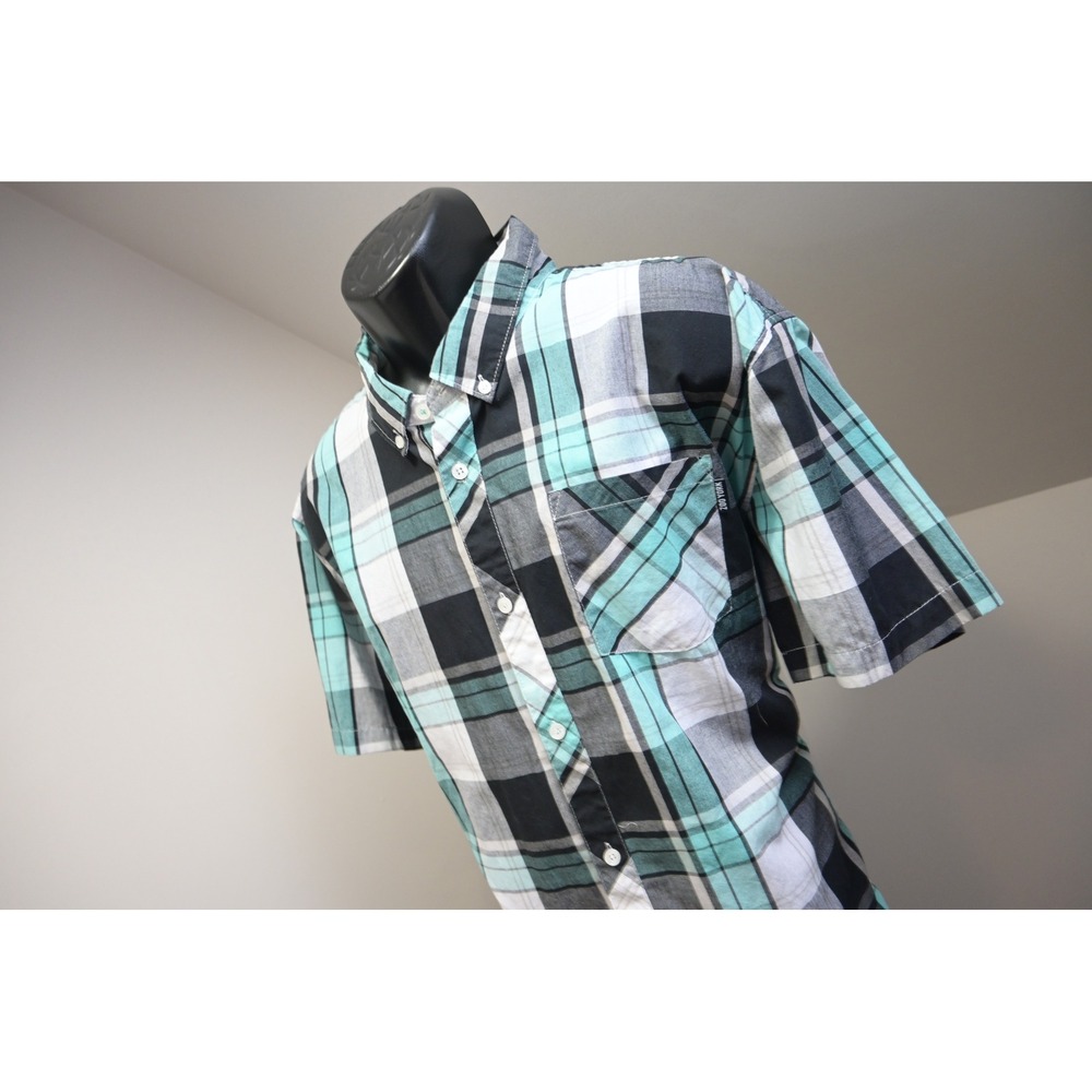 Zoo York Button Down Shirt Mens XXL Teal Black Plaid Short Sleeve Excellent